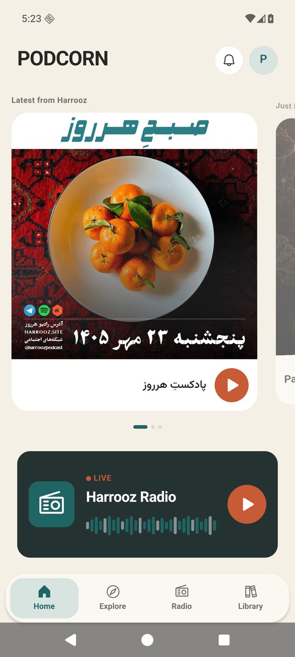 Real Podcorn app screen with featured podcasts and Harrooz live radio