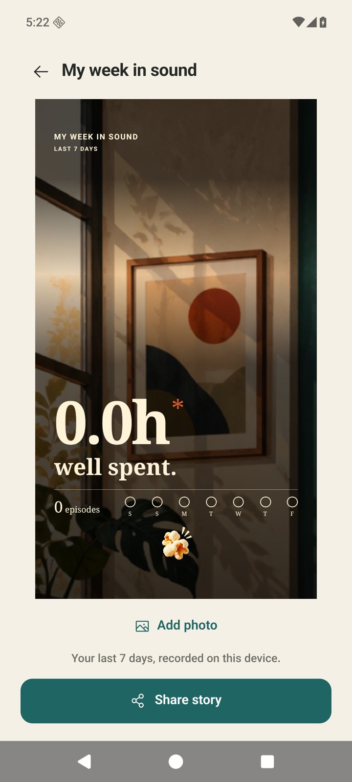 Podcorn My week in sound screen, showing a shareable listening recap